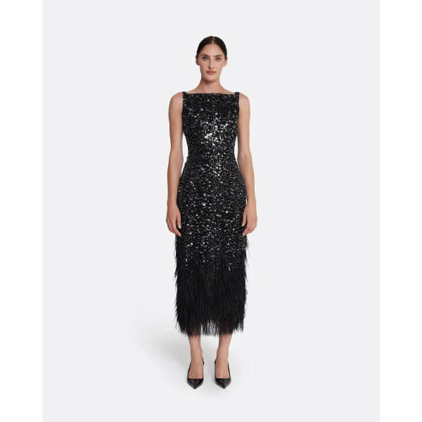Safiyaa Federica Midi Dress in Black with Feather Embellishment, view 2
