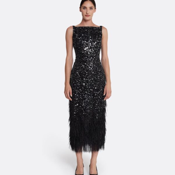 Safiyaa Federica Midi Dress in Black with Feather Embellishment - Safiyaa Dresses - Heavy Crepe Cape Gown - Shop at Coveti