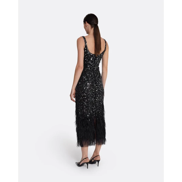 Safiyaa Federica Midi Dress in Black with Feather Embellishment, view 3