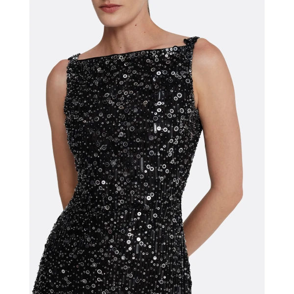 Safiyaa Federica Midi Dress in Black with Feather Embellishment, view 4