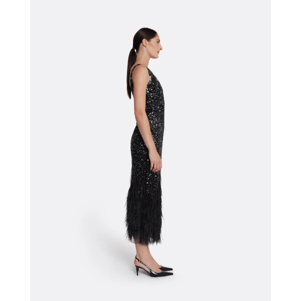 Safiyaa Federica Midi Dress in Black with Feather Embellishment, view 5