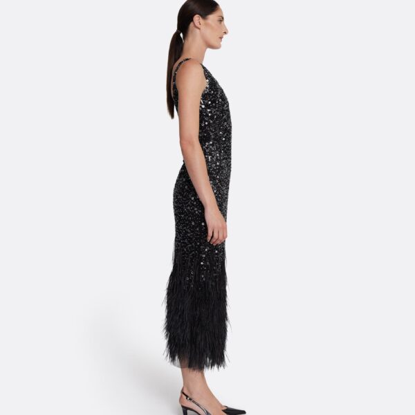 Safiyaa Federica Midi Dress in Black with Feather Embellishment - Safiyaa Dresses - Heavy Crepe Cape Gown - Shop at Coveti