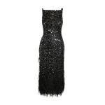 Safiyaa Federica Midi Dress in Black with Feather Embellishment - Safiyaa Dresses - Heavy Crepe Cape Gown - Shop at Coveti