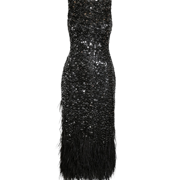 Safiyaa Federica Midi Dress in Black with Feather Embellishment - Safiyaa Dresses - Heavy Crepe Cape Gown - Shop at Coveti