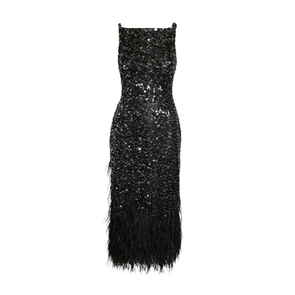Safiyaa Federica Midi Dress in Black with Feather Embellishment - Safiyaa Dresses - Heavy Crepe Cape Gown - Shop at Coveti