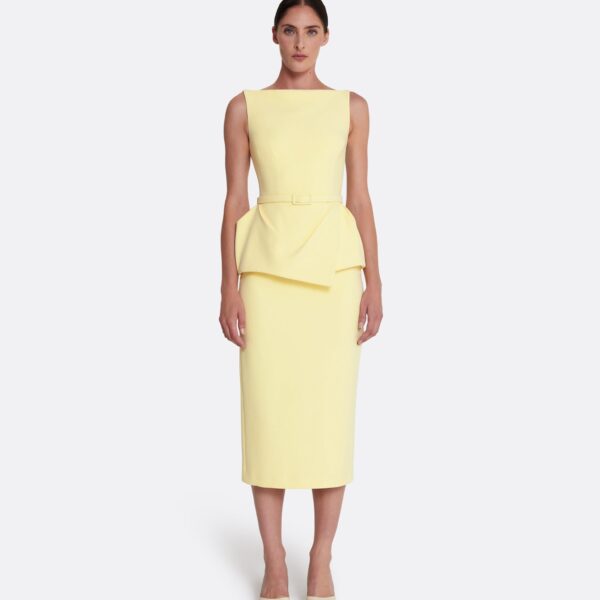 Safiyaa Flaminia Midi Dress Midi in Pale Yellow - Safiyaa Dresses - Heavy Crepe Cape Gown - Shop at Coveti