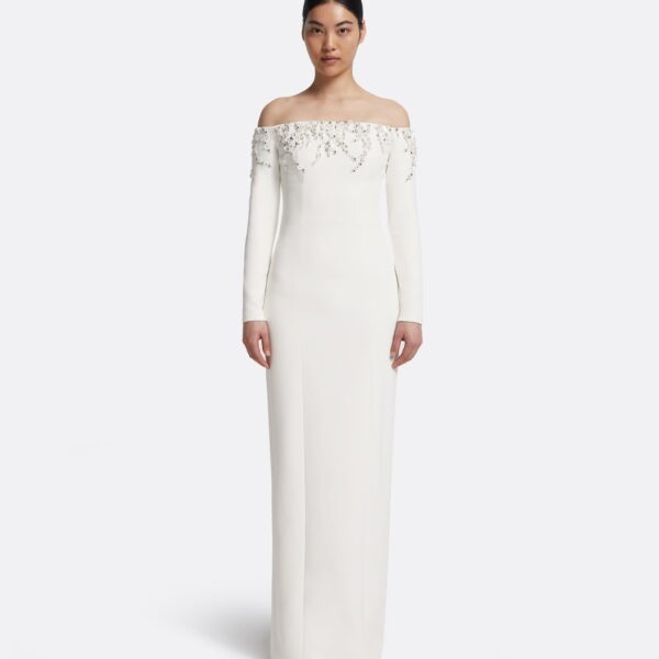 Safiyaa Gioia Long Dress in Ivory with Crystal Embroidery - Safiyaa Dresses - Heavy Crepe Cape Gown - Shop at Coveti