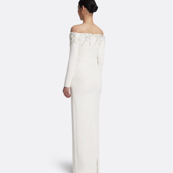 Safiyaa Gioia Long Dress in Ivory with Crystal Embroidery - Safiyaa Dresses - Heavy Crepe Cape Gown - Shop at Coveti