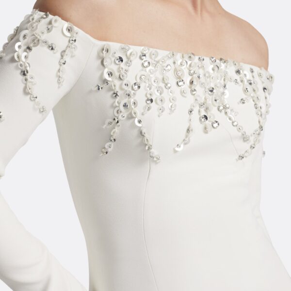 Safiyaa Gioia Long Dress in Ivory with Crystal Embroidery - Safiyaa Dresses - Heavy Crepe Cape Gown - Shop at Coveti