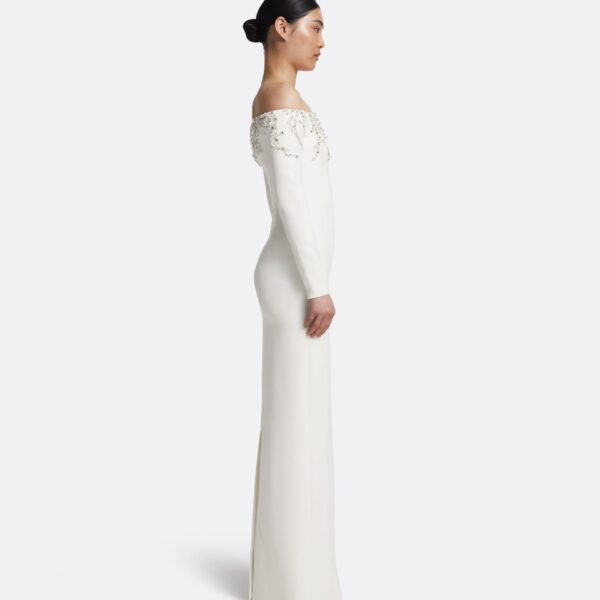 Safiyaa Gioia Long Dress in Ivory with Crystal Embroidery - Safiyaa Dresses - Heavy Crepe Cape Gown - Shop at Coveti