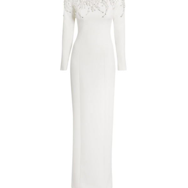 Safiyaa Gioia Long Dress in Ivory with Crystal Embroidery - Safiyaa Dresses - Heavy Crepe Cape Gown - Shop at Coveti