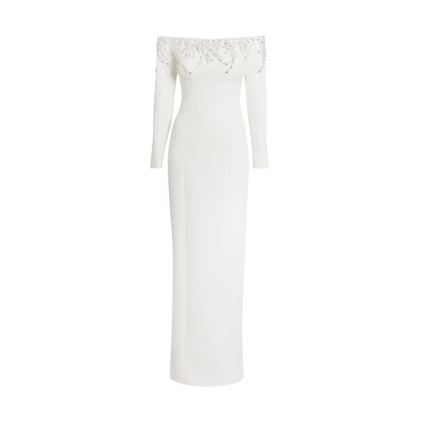 Safiyaa Gioia Long Dress in Ivory with Crystal Embroidery - Safiyaa Dresses - Heavy Crepe Cape Gown - Shop at Coveti