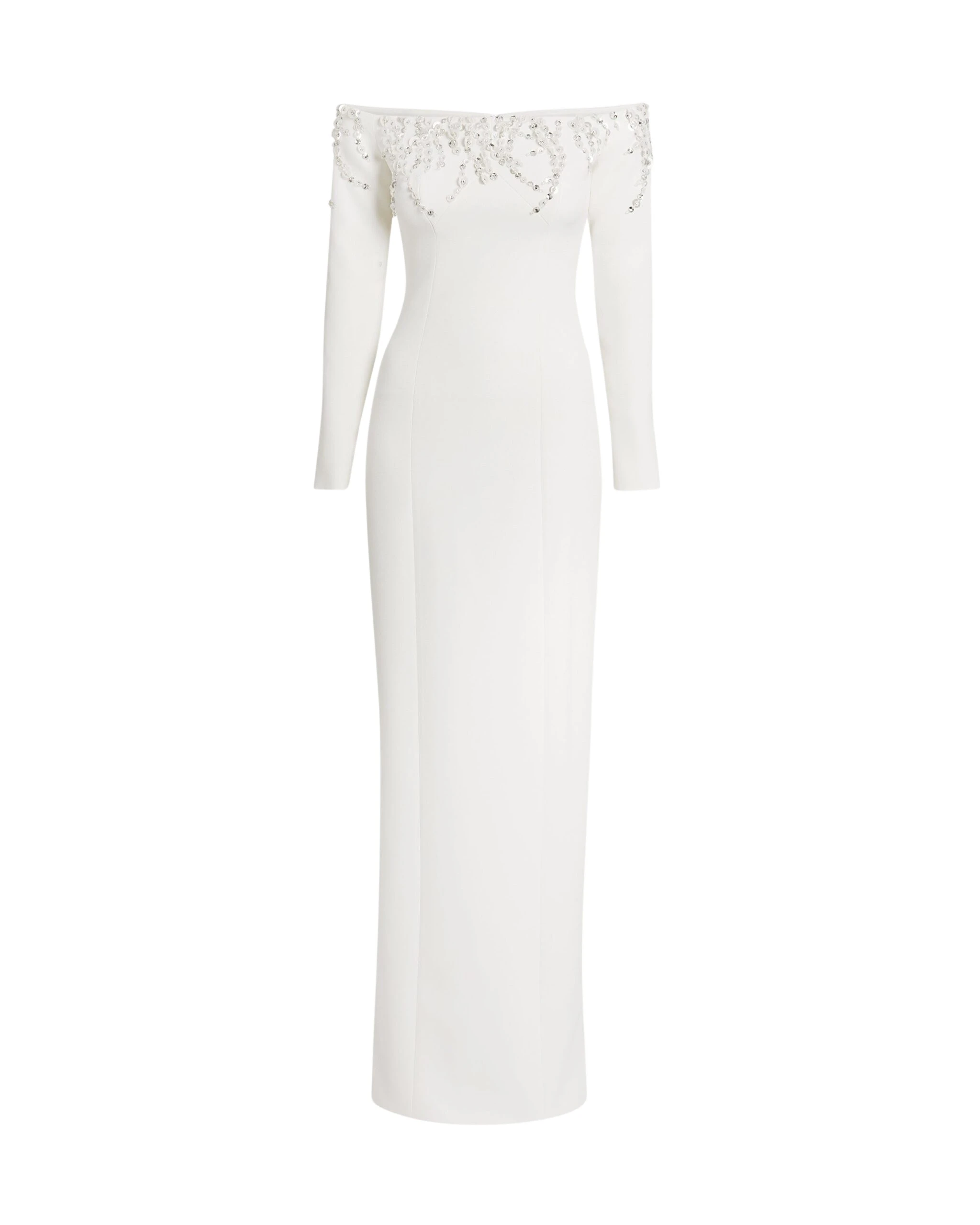 Safiyaa Gioia Long Dress in Ivory with Crystal Embroidery - Safiyaa Dresses - Heavy Crepe Cape Gown - Shop at Coveti