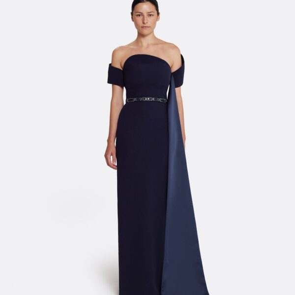 Safiyaa Giorgia Long Dress in Azurite with Multi-blues - Safiyaa Dresses - Heavy Crepe Cape Gown - Shop at Coveti