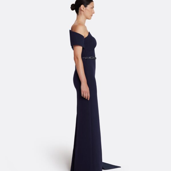Safiyaa Giorgia Long Dress in Azurite with Multi-blues - Safiyaa Dresses - Heavy Crepe Cape Gown - Shop at Coveti