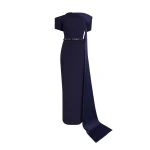 Safiyaa Giorgia Long Dress in Azurite with Multi-blues - Safiyaa Dresses - Heavy Crepe Cape Gown - Shop at Coveti