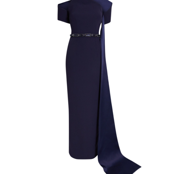 Safiyaa Giorgia Long Dress in Azurite with Multi-blues - Safiyaa Dresses - Heavy Crepe Cape Gown - Shop at Coveti