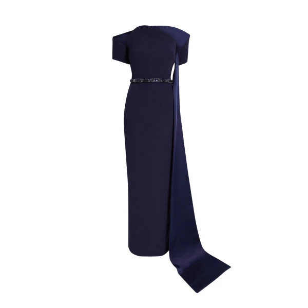 Safiyaa Giorgia Long Dress in Azurite with Multi-blues - Safiyaa Dresses - Heavy Crepe Cape Gown - Shop at Coveti