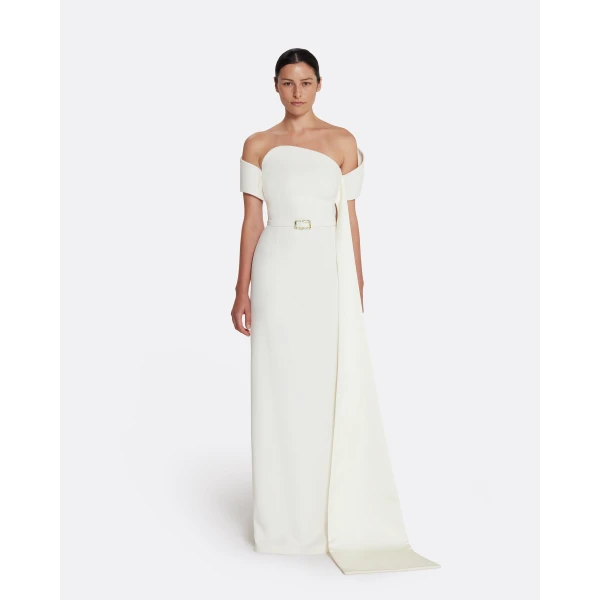 Safiyaa Giorgia Long Dress in Ivory with Embellished Belt, view 2