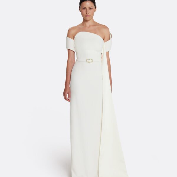 Safiyaa Giorgia Long Dress in Ivory with Embellished Belt - Safiyaa Dresses - Heavy Crepe Cape Gown - Shop at Coveti