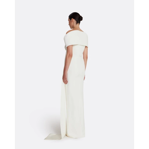 Safiyaa Giorgia Long Dress in Ivory with Embellished Belt, view 3