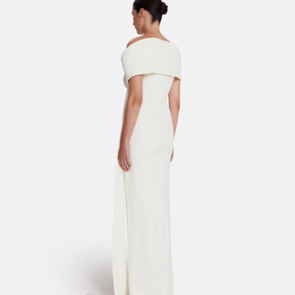 Safiyaa Giorgia Long Dress in Ivory with Embellished Belt - Safiyaa Dresses - Heavy Crepe Cape Gown - Shop at Coveti