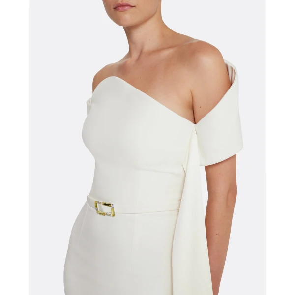 Safiyaa Giorgia Long Dress in Ivory with Embellished Belt, view 4
