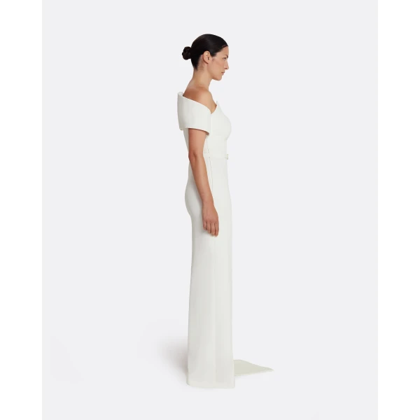 Safiyaa Giorgia Long Dress in Ivory with Embellished Belt, view 5