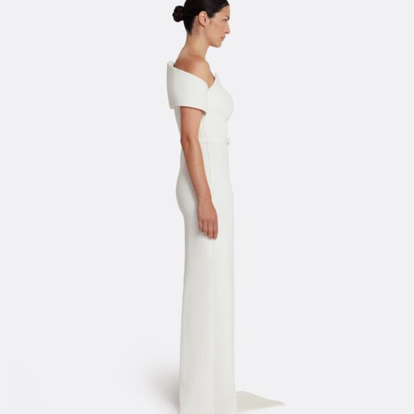 Safiyaa Giorgia Long Dress in Ivory with Embellished Belt - Safiyaa Dresses - Heavy Crepe Cape Gown - Shop at Coveti