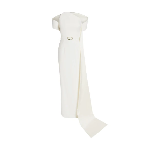 Safiyaa Giorgia Long Dress in Ivory with Embellished Belt - Safiyaa Dresses - Heavy Crepe Cape Gown - Shop at Coveti