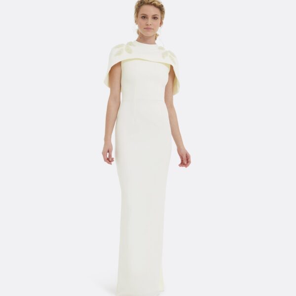 Safiyaa Kalika Curled Leaf Embroidered Long Dress - Safiyaa Dresses - Heavy Crepe Cape Gown - Shop at Coveti