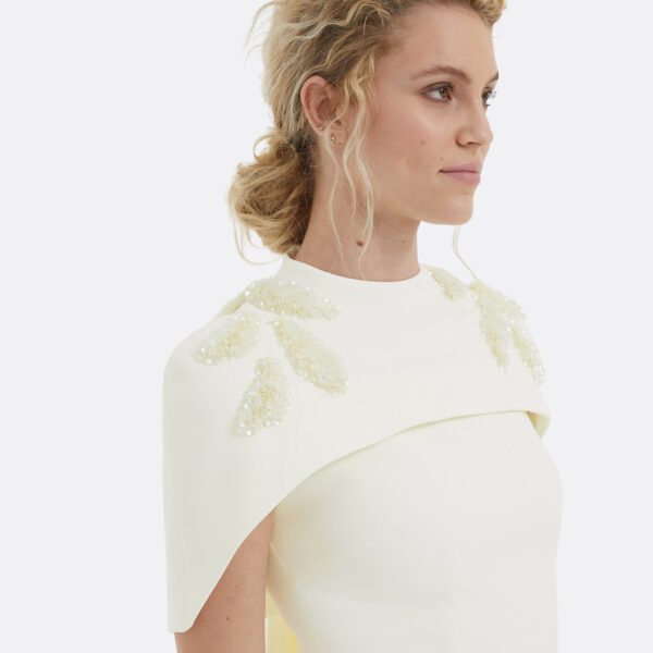 Safiyaa Kalika Curled Leaf Embroidered Long Dress - Safiyaa Dresses - Heavy Crepe Cape Gown - Shop at Coveti