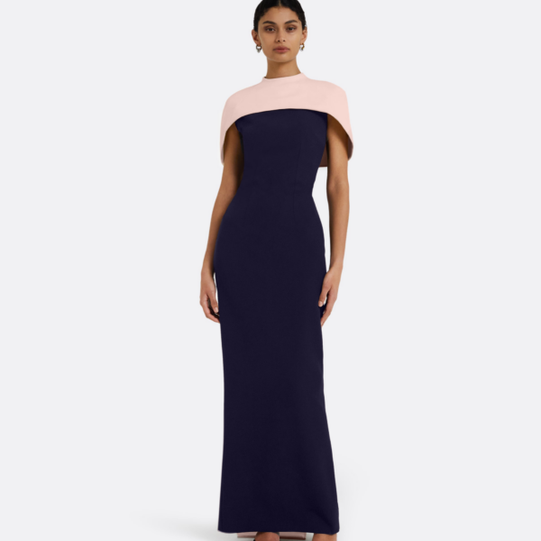 Safiyaa Kalika Long Dress in Azurite & Pale Pink - Safiyaa Dresses - Heavy Crepe Cape Gown - Shop at Coveti