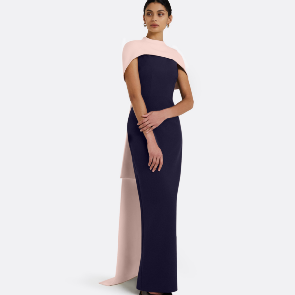 Safiyaa Kalika Long Dress in Azurite & Pale Pink - Safiyaa Dresses - Heavy Crepe Cape Gown - Shop at Coveti