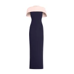 Safiyaa Kalika Long Dress in Azurite & Pale Pink - Safiyaa Dresses - Heavy Crepe Cape Gown - Shop at Coveti