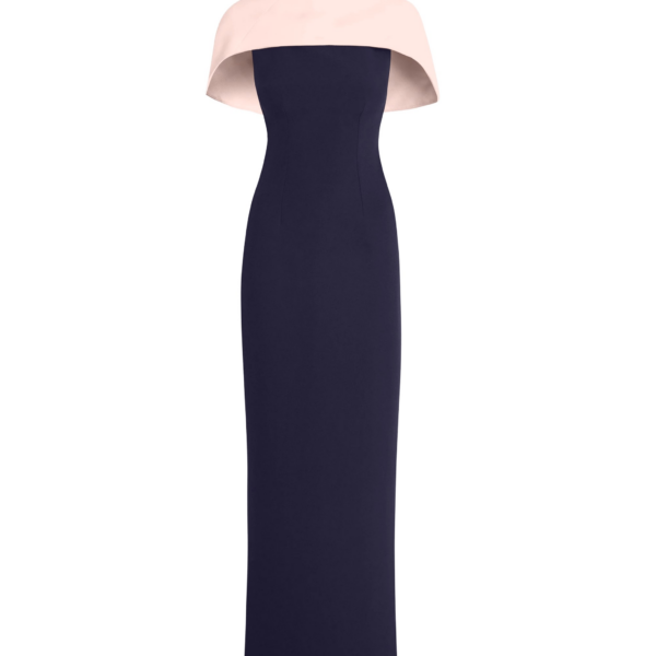 Safiyaa Kalika Long Dress in Azurite & Pale Pink - Safiyaa Dresses - Heavy Crepe Cape Gown - Shop at Coveti
