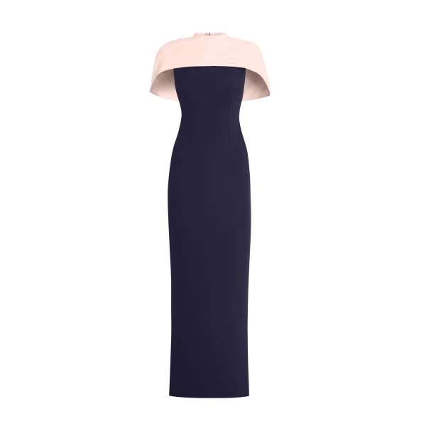Safiyaa Kalika Long Dress in Azurite & Pale Pink - Safiyaa Dresses - Heavy Crepe Cape Gown - Shop at Coveti