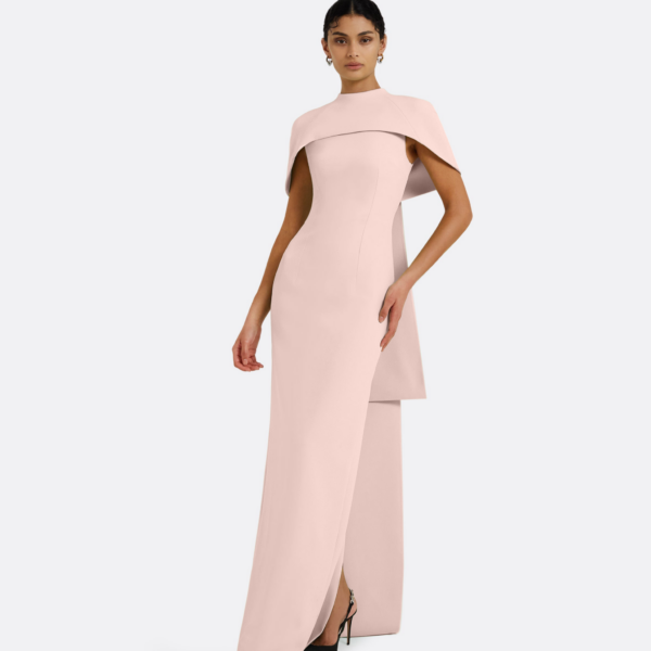 Safiyaa Kalika Long Dress in Pale Pink - Safiyaa Dresses - Heavy Crepe Cape Gown - Shop at Coveti