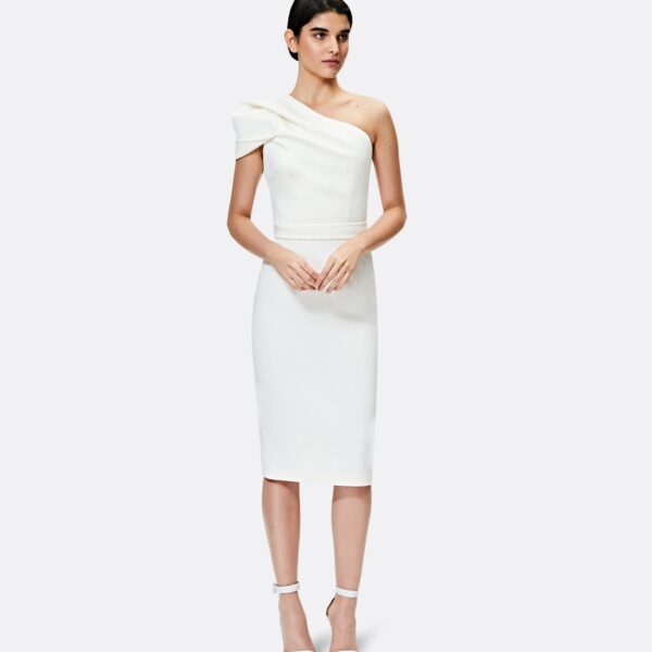 Safiyaa Kora Ivory Midi Dress - Safiyaa Dresses - Heavy Crepe Cape Gown - Shop at Coveti