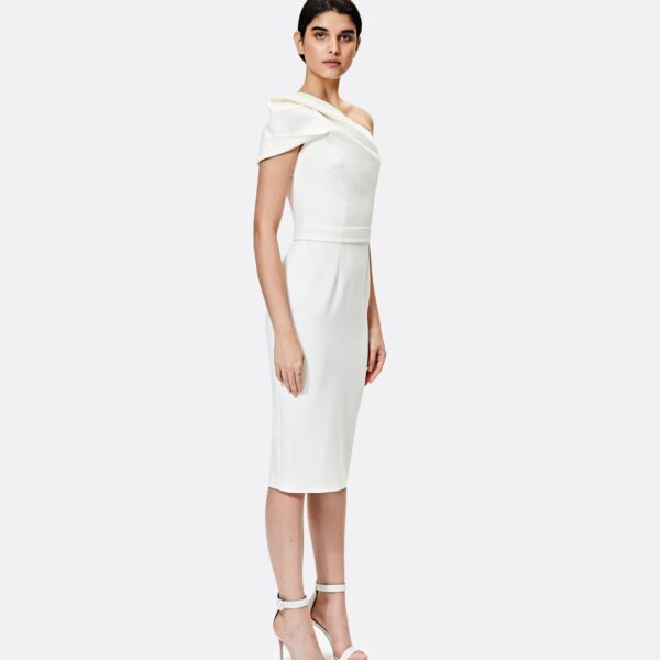 Safiyaa Kora Ivory Midi Dress - Safiyaa Dresses - Heavy Crepe Cape Gown - Shop at Coveti