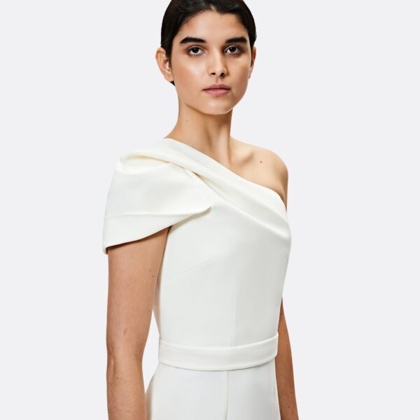 Safiyaa Kora Ivory Midi Dress - Safiyaa Dresses - Heavy Crepe Cape Gown - Shop at Coveti