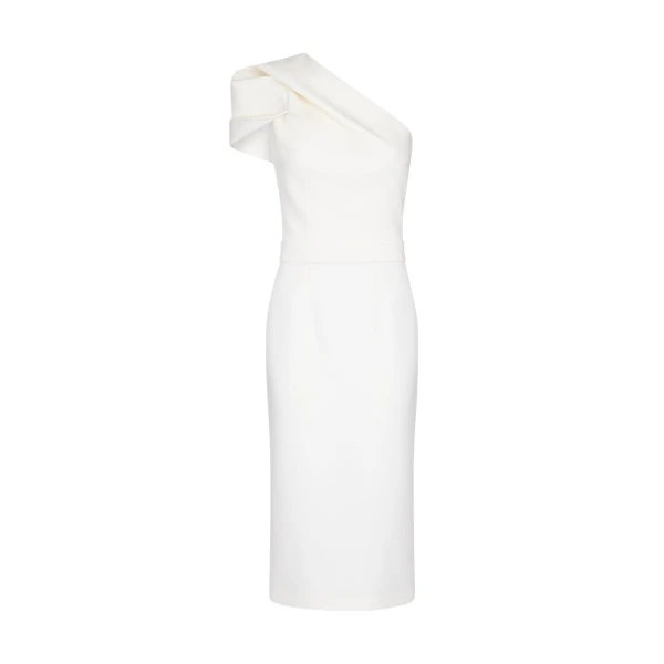 Safiyaa Kora Ivory Midi Dress - Safiyaa Dresses - Heavy Crepe Cape Gown - Shop at Coveti