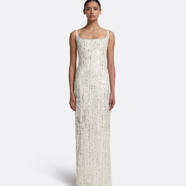 Safiyaa Kristena Long Dress in Ivory with Crystal Embellishment - Safiyaa Dresses - Heavy Crepe Cape Gown - Shop at Coveti