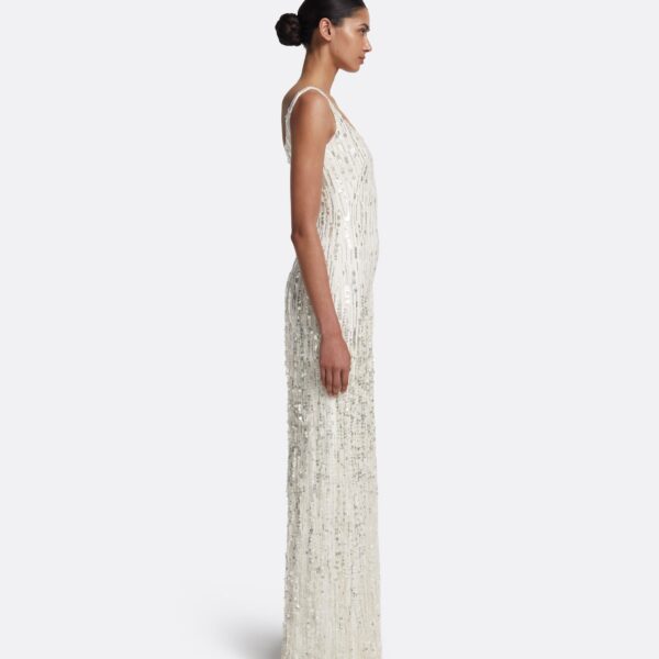 Safiyaa Kristena Long Dress in Ivory with Crystal Embellishment - Safiyaa Dresses - Heavy Crepe Cape Gown - Shop at Coveti