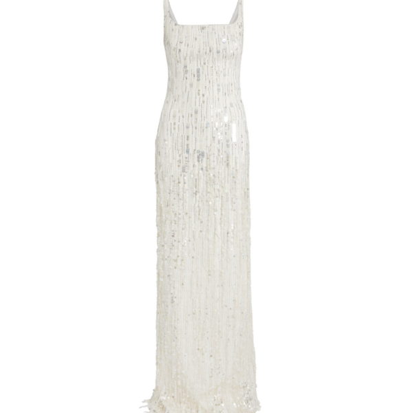 Safiyaa Kristena Long Dress in Ivory with Crystal Embellishment - Safiyaa Dresses - Heavy Crepe Cape Gown - Shop at Coveti