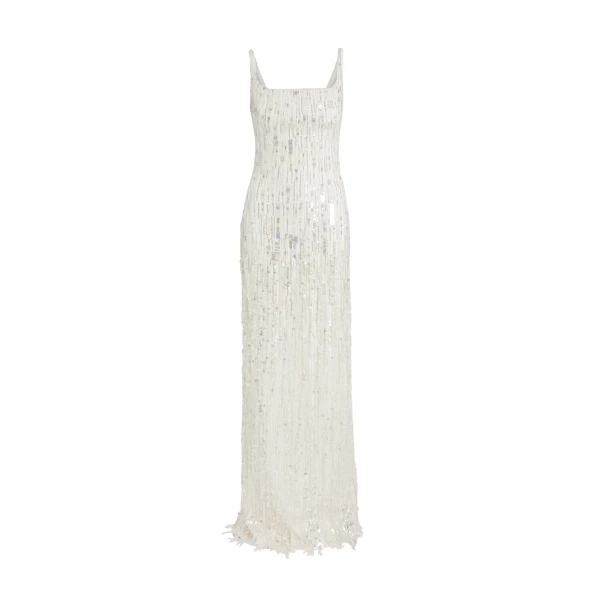 Safiyaa Kristena Long Dress in Ivory with Crystal Embellishment - Safiyaa Dresses - Heavy Crepe Cape Gown - Shop at Coveti