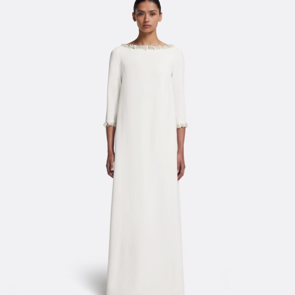 Safiyaa Lanai Long Dress in Ivory with Crystal - Safiyaa Dresses - Heavy Crepe Cape Gown - Shop at Coveti