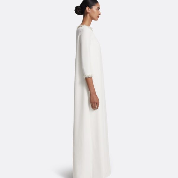 Safiyaa Lanai Long Dress in Ivory with Crystal - Safiyaa Dresses - Heavy Crepe Cape Gown - Shop at Coveti