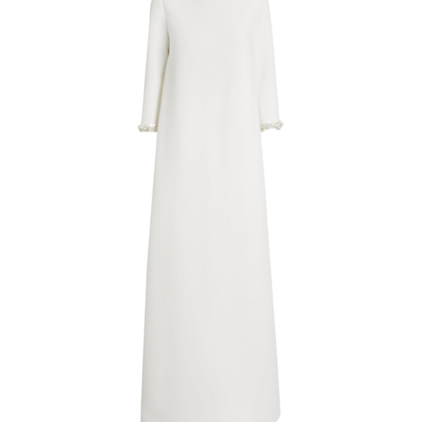 Safiyaa Lanai Long Dress in Ivory with Crystal - Safiyaa Dresses - Heavy Crepe Cape Gown - Shop at Coveti