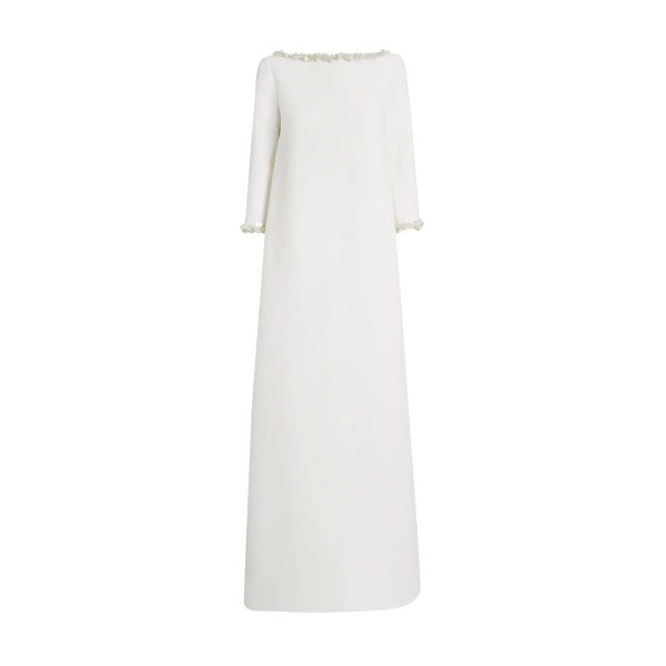 Safiyaa Lanai Long Dress in Ivory with Crystal - Safiyaa Dresses - Heavy Crepe Cape Gown - Shop at Coveti
